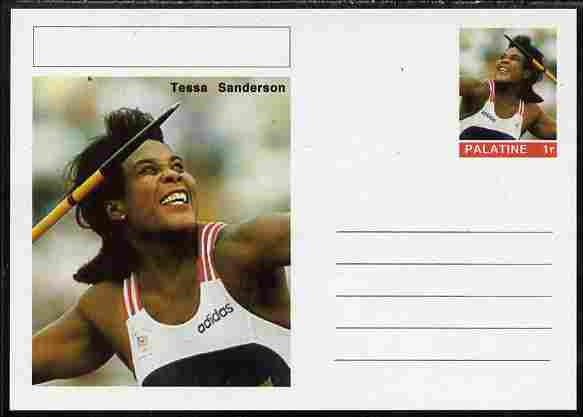Palatine (Fantasy) Personalities - Tessa Sanderson (athletics) postal stationery card unused and fine, stamps on personalities, stamps on sport, stamps on olympics, stamps on athletics, stamps on javelin