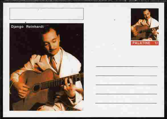 Palatine (Fantasy) Personalities - Django Reinhardt postal stationery card unused and fine, stamps on , stamps on  stamps on personalities, stamps on  stamps on music, stamps on  stamps on jazz