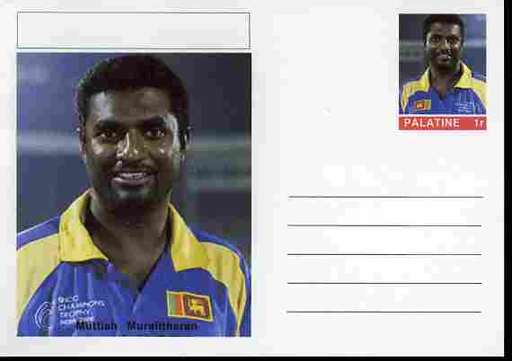 Palatine (Fantasy) Personalities - Muttiah Muralitharan (cricket) postal stationery card unused and fine, stamps on personalities, stamps on sport, stamps on cricket