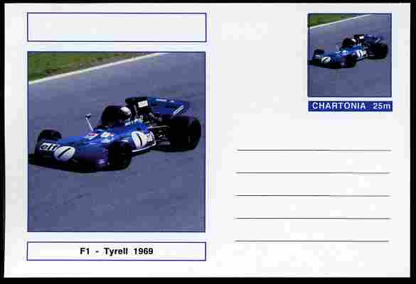 Chartonia (Fantasy) Formula 1 - Tyrell 1969 postal stationery card unused and fine, stamps on transport, stamps on cars, stamps on  f1 , stamps on formula 1, stamps on tyrell