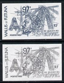Wallis & Futuna 1983 Gustave Eiffel 97f two different Imperf colour trial proofs as SG 418, stamps on buildings, stamps on monuments, stamps on civil engineering, stamps on eiffel tower
