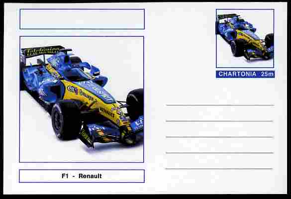 Chartonia (Fantasy) Formula 1 - Renault postal stationery card unused and fine, stamps on transport, stamps on cars, stamps on  f1 , stamps on formula 1, stamps on renault