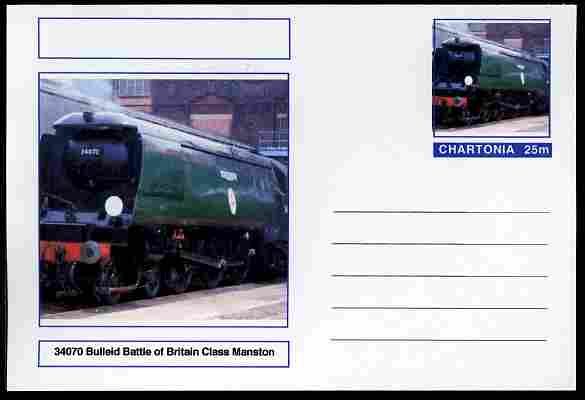 Chartonia (Fantasy) Railways - Bulleid Battle of Britain Class Manston postal stationery card unused and fine, stamps on transport, stamps on railways, stamps on  ww2 , stamps on 