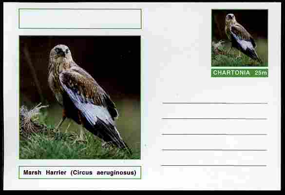 Chartonia (Fantasy) Birds - Marsh Harrier( Circus aeruginosus) postal stationery card unused and fine, stamps on birds, stamps on birds of prey, stamps on 
