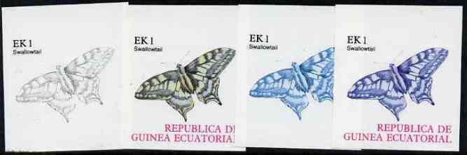 Equatorial Guinea 1977 Butterflies EK1 (Swallowtail) set of 4 imperf progressive proofs on ungummed paper comprising 1, 2, 3 and all 4 colours (as Mi 1197) , stamps on butterflies