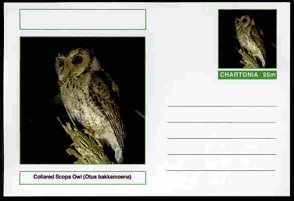 Chartonia (Fantasy) Birds - Collared Scops Owl (Otus bakkamoena) postal stationery card unused and fine, stamps on , stamps on  stamps on birds, stamps on  stamps on birds of prey, stamps on  stamps on owls
