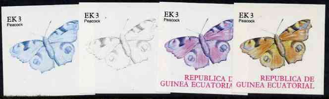Equatorial Guinea 1977 Butterflies EK3 (Peacock) set of 4 imperf progressive proofs on ungummed paper comprising 1, 2, 3 and all 4 colours (as Mi 1198) , stamps on butterflies