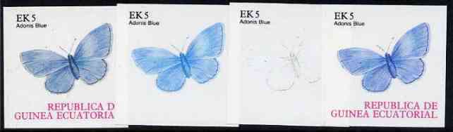 Equatorial Guinea 1977 Butterflies EK5 (Adonis Blue) set of 4 imperf progressive proofs on ungummed paper comprising 1, 2, 3 and all 4 colours (as Mi 1199) , stamps on butterflies