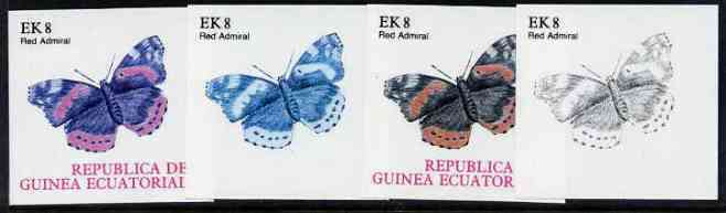 Equatorial Guinea 1977 Butterflies EK8 (Red Admiral) set of 4 imperf progressive proofs on ungummed paper comprising 1, 2, 3 and all 4 colours (as Mi 1200) , stamps on butterflies