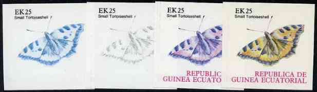 Equatorial Guinea 1977 Butterflies EK25 (Small Tortoiseshell) set of 4 imperf progressive proofs on ungummed paper comprising 1, 2, 3 and all 4 colours (as Mi 1201) , stamps on butterflies