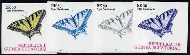 Equatorial Guinea 1977 Butterflies EK50 (Tiger Swallowtail) set of 4 imperf progressive proofs on ungummed paper comprising 1, 2, 3 and all 4 colours (as Mi 1202) , stamps on butterflies