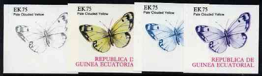 Equatorial Guinea 1977 Butterflies EK75 (Pale Clouded Yellow) set of 4 imperf progressive proofs on ungummed paper comprising 1, 2, 3 and all 4 colours (as Mi 1203) , stamps on butterflies