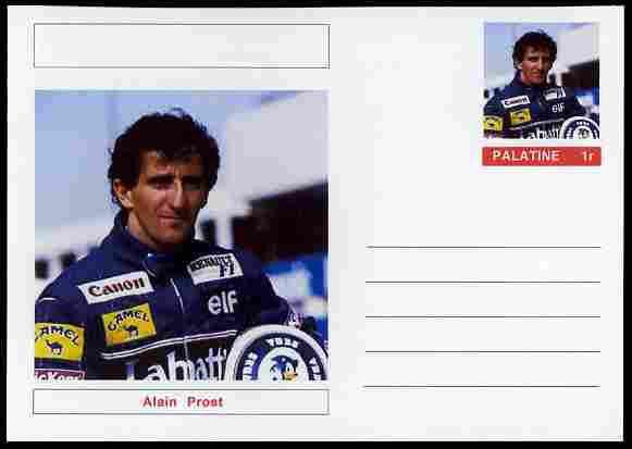 Palatine (Fantasy) Personalities - Alain Prost (F1 driver) postal stationery card unused and fine, stamps on personalities, stamps on sport, stamps on racing cars, stamps on cars, stamps on  f1 , stamps on formula 1, stamps on 