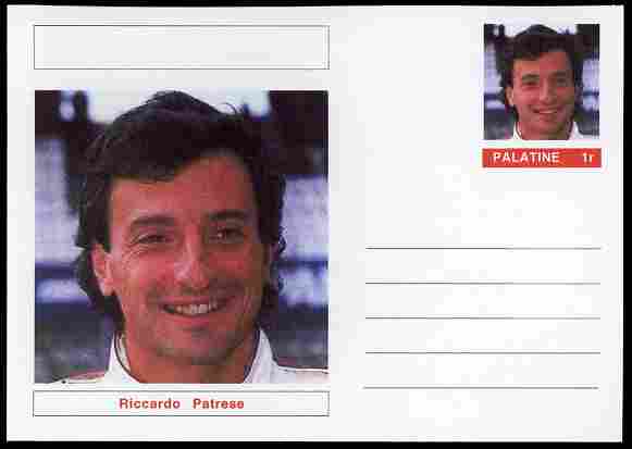 Palatine (Fantasy) Personalities - Ricardo Patrese (F1 driver) postal stationery card unused and fine, stamps on personalities, stamps on sport, stamps on racing cars, stamps on cars, stamps on  f1 , stamps on formula 1, stamps on 