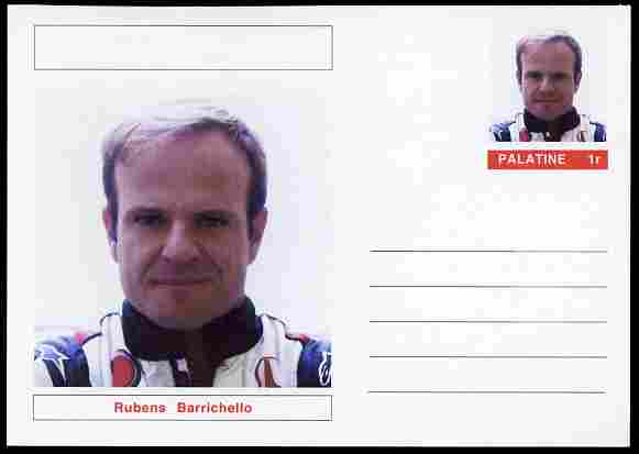 Palatine (Fantasy) Personalities - Rubens Barrichello (F1 driver) postal stationery card unused and fine, stamps on , stamps on  stamps on personalities, stamps on  stamps on sport, stamps on  stamps on racing cars, stamps on  stamps on cars, stamps on  stamps on  f1 , stamps on  stamps on formula 1, stamps on  stamps on 