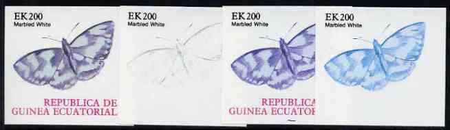 Equatorial Guinea 1977 Butterflies EK200 (Marbled White) set of 4 imperf progressive proofs on ungummed paper comprising 1, 2, 3 and all 4 colours (as Mi 1204) , stamps on butterflies