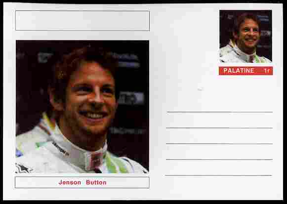 Palatine (Fantasy) Personalities - Jenson Button (F1 driver) postal stationery card unused and fine, stamps on personalities, stamps on sport, stamps on racing cars, stamps on cars, stamps on  f1 , stamps on formula 1, stamps on 