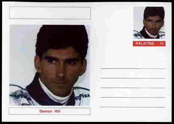 Palatine (Fantasy) Personalities - Damon Hill (F1 driver) postal stationery card unused and fine, stamps on personalities, stamps on sport, stamps on racing cars, stamps on cars, stamps on  f1 , stamps on formula 1, stamps on 