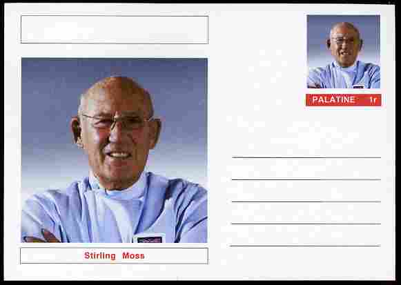 Palatine (Fantasy) Personalities - Stirling Moss (F1 driver) postal stationery card unused and fine, stamps on personalities, stamps on sport, stamps on racing cars, stamps on cars, stamps on  f1 , stamps on formula 1, stamps on 
