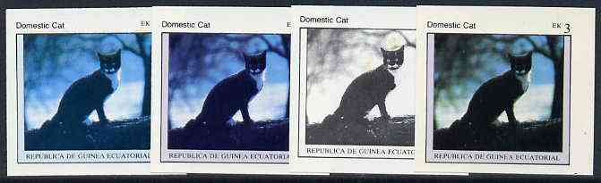 Equatorial Guinea 1976 Cats EK3 (Domestic Cat) set of 4 imperf progressive proofs on ungummed paper comprising 1, 2, 3 and all 4 colours (as Mi 798), stamps on animals   cats
