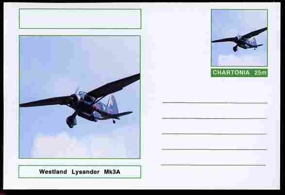 Chartonia (Fantasy) Aircraft - Westland Lysander postal stationery card unused and fine, stamps on transport, stamps on aviation