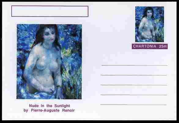 Chartonia (Fantasy) Famous Paintings - Nude in the Sunlight by Pierre-Auguste Renoir postal stationery card unused and fine, stamps on arts, stamps on renoir, stamps on nudes