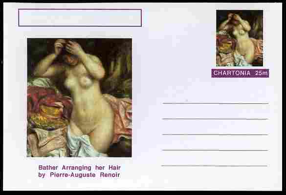 Chartonia (Fantasy) Famous Paintings - Bather Arranging her Hair by Pierre-Auguste Renoir postal stationery card unused and fine, stamps on , stamps on  stamps on arts, stamps on  stamps on renoir, stamps on  stamps on nudes