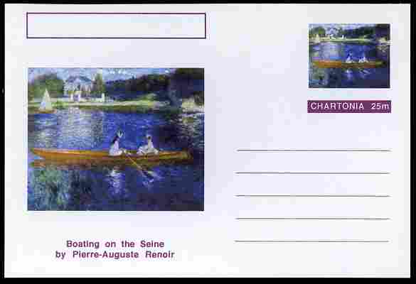 Chartonia (Fantasy) Famous Paintings - Boating on the Seine by Pierre-Auguste Renoir postal stationery card unused and fine, stamps on arts, stamps on renoir, stamps on rivers, stamps on rowing