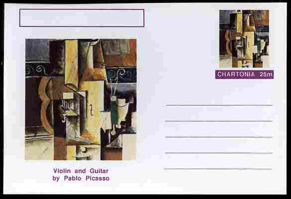 Chartonia (Fantasy) Famous Paintings - Violin and Guitar by Pablo Picasso postal stationery card unused and fine, stamps on arts, stamps on picasso, stamps on music