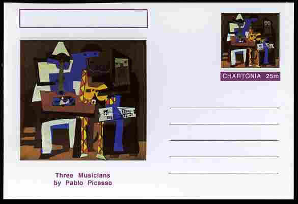 Chartonia (Fantasy) Famous Paintings - Three Musicians by Pablo Picasso postal stationery card unused and fine, stamps on arts, stamps on picasso, stamps on music