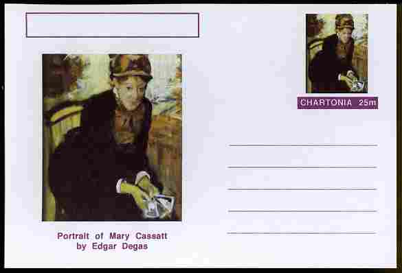 Chartonia (Fantasy) Famous Paintings - Portrait of Mary Cassatt by Edgar Degas postal stationery card unused and fine, stamps on arts, stamps on degas, stamps on women