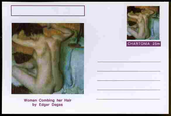 Chartonia (Fantasy) Famous Paintings - Woman Combing her hair by Edgar Degas postal stationery card unused and fine, stamps on arts, stamps on degas, stamps on women, stamps on nudes