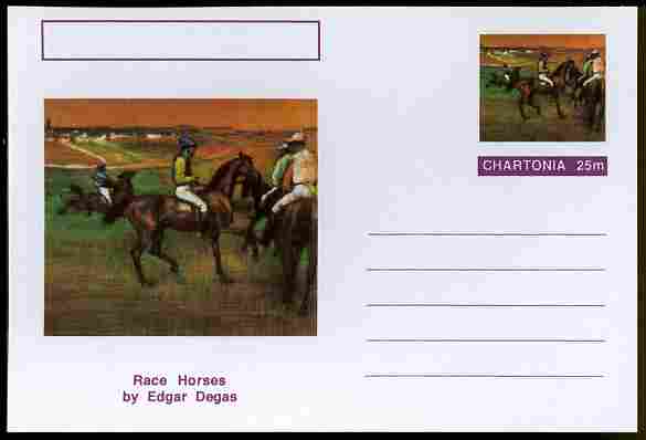 Chartonia (Fantasy) Famous Paintings - Race Horses by Edgar Degas postal stationery card unused and fine, stamps on , stamps on  stamps on arts, stamps on  stamps on degas, stamps on  stamps on horses, stamps on  stamps on sport