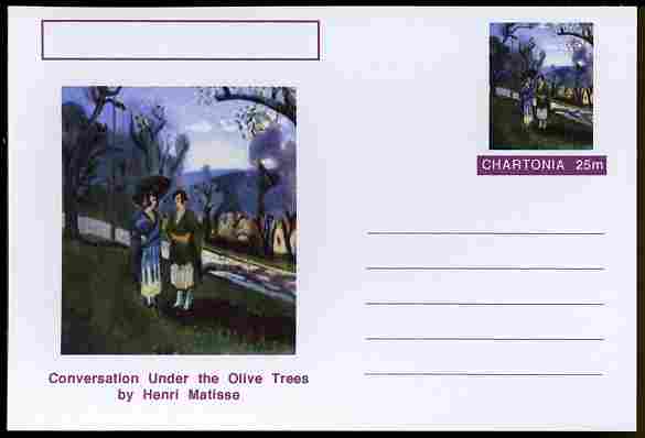 Chartonia (Fantasy) Famous Paintings - Conversation under the Olive Trees by Henri Matisse postal stationery card unused and fine, stamps on arts, stamps on matisse, stamps on trees, stamps on fruit