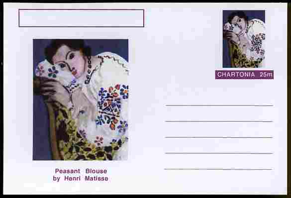 Chartonia (Fantasy) Famous Paintings - Peasant Blouse by Henri Matisse postal stationery card unused and fine, stamps on arts, stamps on matisse, stamps on 
