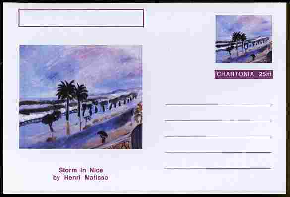 Chartonia (Fantasy) Famous Paintings - Storm in Nice by Henri Matisse postal stationery card unused and fine, stamps on arts, stamps on matisse, stamps on weather