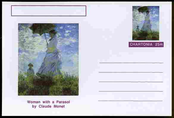 Chartonia (Fantasy) Famous Paintings - Woman with a Parasol by Claude Monet postal stationery card unused and fine, stamps on arts, stamps on monet, stamps on umbrellas, stamps on women