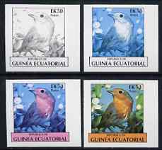 Equatorial Guinea 1977 Birds EK50 (Robin) set of 4 imperf progressive proofs on ungummed paper comprising 1, 2, 3 and all 4 colours (as Mi 1210), stamps on birds    robin