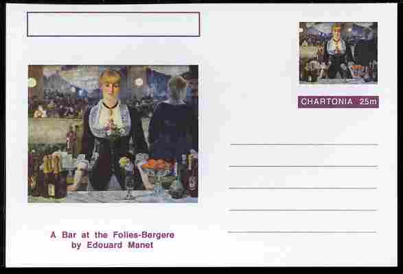 Chartonia (Fantasy) Famous Paintings - A Bar at the Folies-Bergere by Edouard Manet postal stationery card unused and fine, stamps on arts, stamps on manet, stamps on alcohol, stamps on women