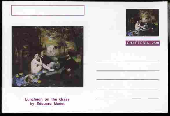 Chartonia (Fantasy) Famous Paintings - Luncheon on the Grass by Edouard Manet postal stationery card unused and fine, stamps on arts, stamps on manet, stamps on food, stamps on nudes