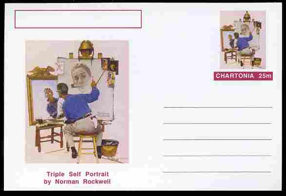 Chartonia (Fantasy) Famous Paintings - Triple Self Portrait by Norman Rockwell postal stationery card unused and fine, stamps on arts, stamps on rockwell