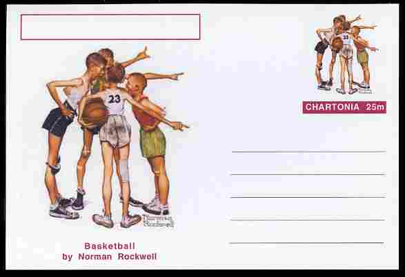 Chartonia (Fantasy) Famous Paintings - Basketball by Norman Rockwell postal stationery card unused and fine, stamps on arts, stamps on rockwell, stamps on sport, stamps on basketball