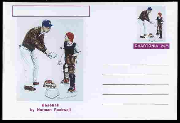 Chartonia (Fantasy) Famous Paintings - Baseball by Norman Rockwell postal stationery card unused and fine, stamps on arts, stamps on rockwell, stamps on sport, stamps on baseball