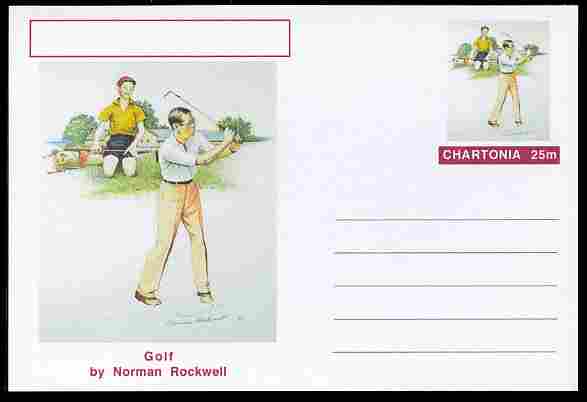 Chartonia (Fantasy) Famous Paintings - Golf by Norman Rockwell postal stationery card unused and fine, stamps on arts, stamps on rockwell, stamps on sport, stamps on golf