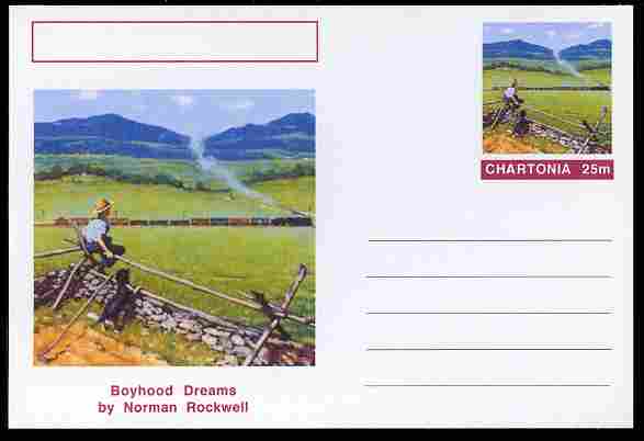 Chartonia (Fantasy) Famous Paintings - Boyhood Dreams by Norman Rockwell postal stationery card unused and fine, stamps on arts, stamps on rockwell, stamps on railways