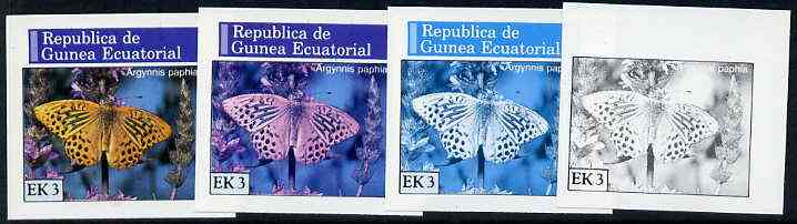 Equatorial Guinea 1976 Butterflies EK3 (Argynnis paphia) set of 4 imperf progressive proofs on ungummed paper comprising 1, 2, 3 and all 4 colours (as Mi 965) , stamps on butterflies