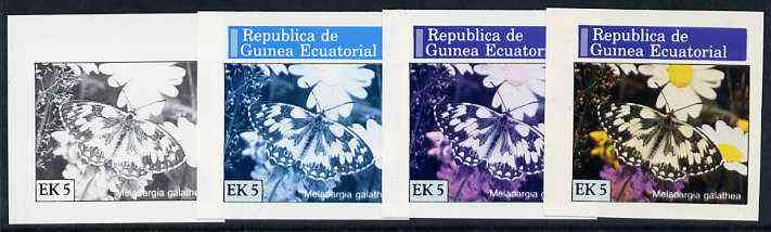 Equatorial Guinea 1976 Butterflies EK5 (Melanargia galathea) set of 4 imperf progressive proofs on ungummed paper comprising 1, 2, 3 and all 4 colours (as Mi 966) , stamps on butterflies