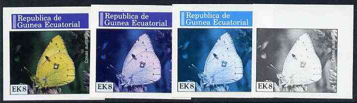 Equatorial Guinea 1976 Butterflies EK8 (Colias australis) set of 4 imperf progressive proofs on ungummed paper comprising 1, 2, 3 and all 4 colours (as Mi 967) , stamps on butterflies