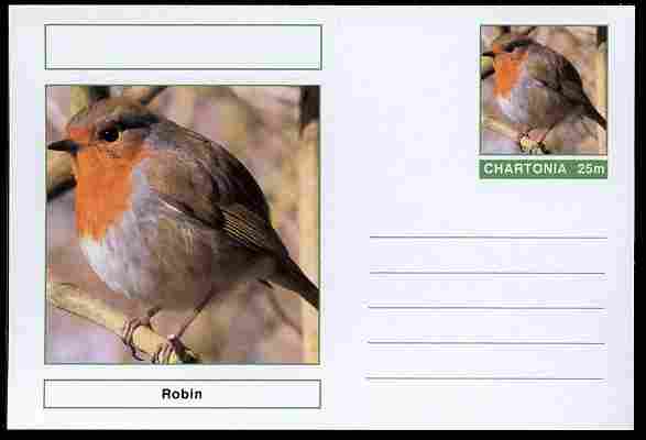 Chartonia (Fantasy) Birds - Robin (Erithacus rubecula) postal stationery card unused and fine, stamps on birds, stamps on 