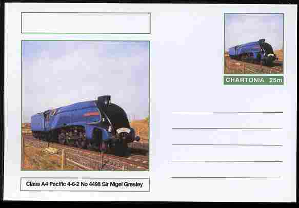Chartonia (Fantasy) Railways - Class A4 Pacific 4-6-2 No.4498 Sir Nigel Gresley postal stationery card unused and fine, stamps on transport, stamps on railways